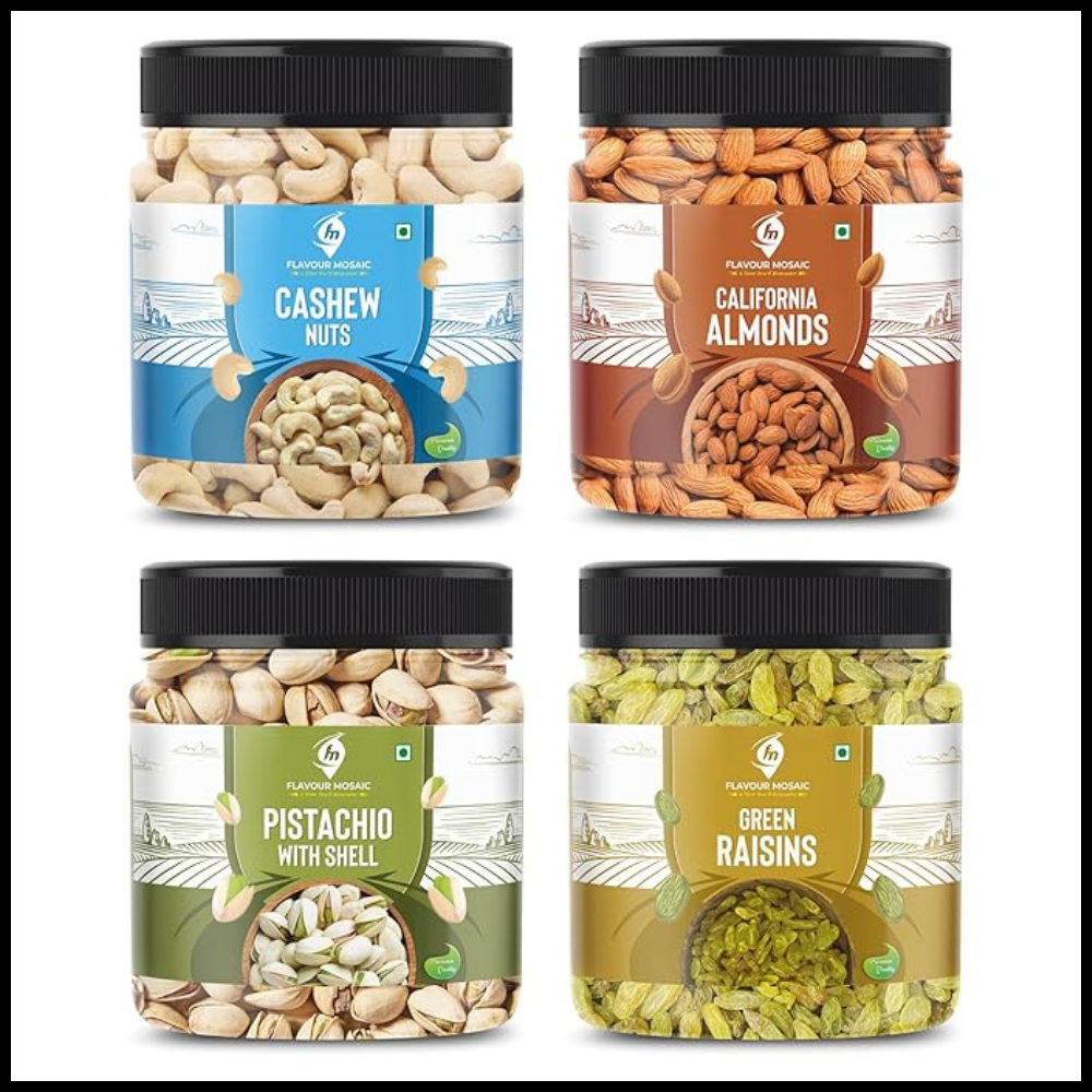 FLAVOUR MOSAIC Cashew, Almonds, Pista, Raisins 4 x 500 GM (Total 2KG) | Badam, Kaju, Pista, Kishmish