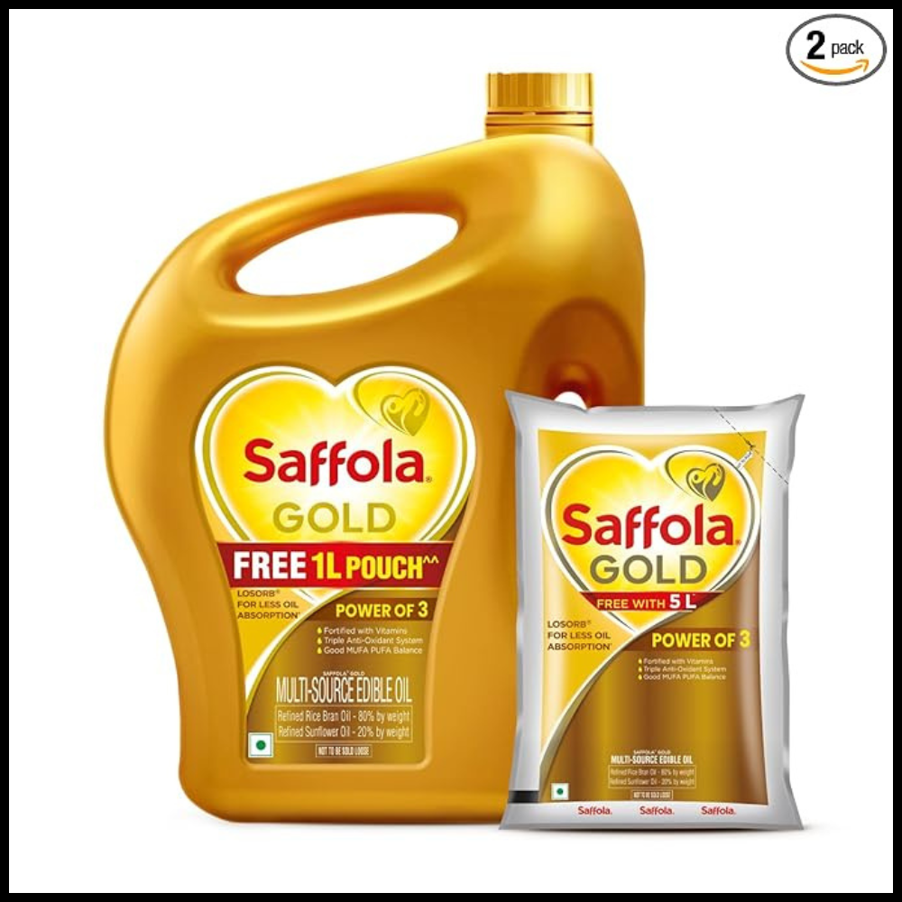 Saffola Gold Refined Cooking oil | Blended of Rice Bran & Sunflower oil | 5 Litre Jar + Free 1 Litre Pouch