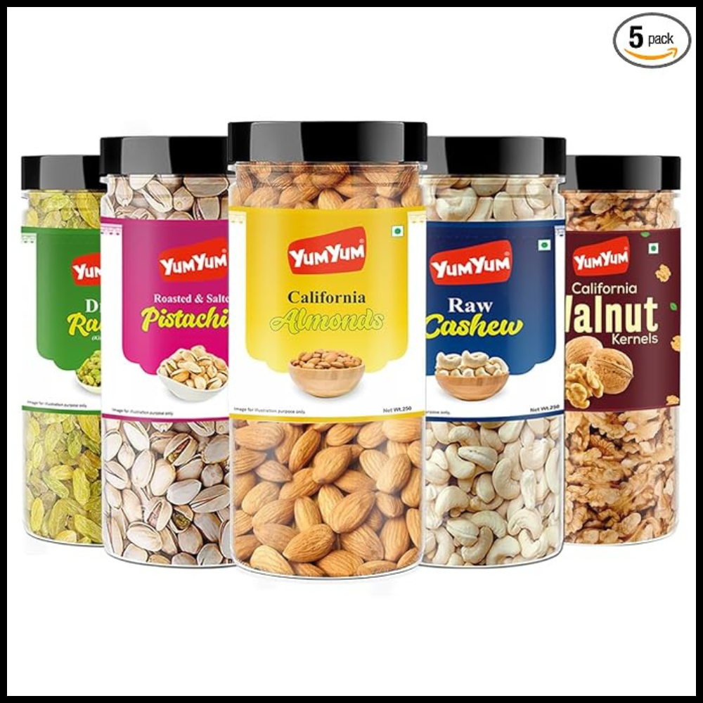 YUM YUM Dry fruits combo pack of 5-250g Jar Each | Badam, Kaju, Pista, Kishmish, Akhrot 1.25 KG