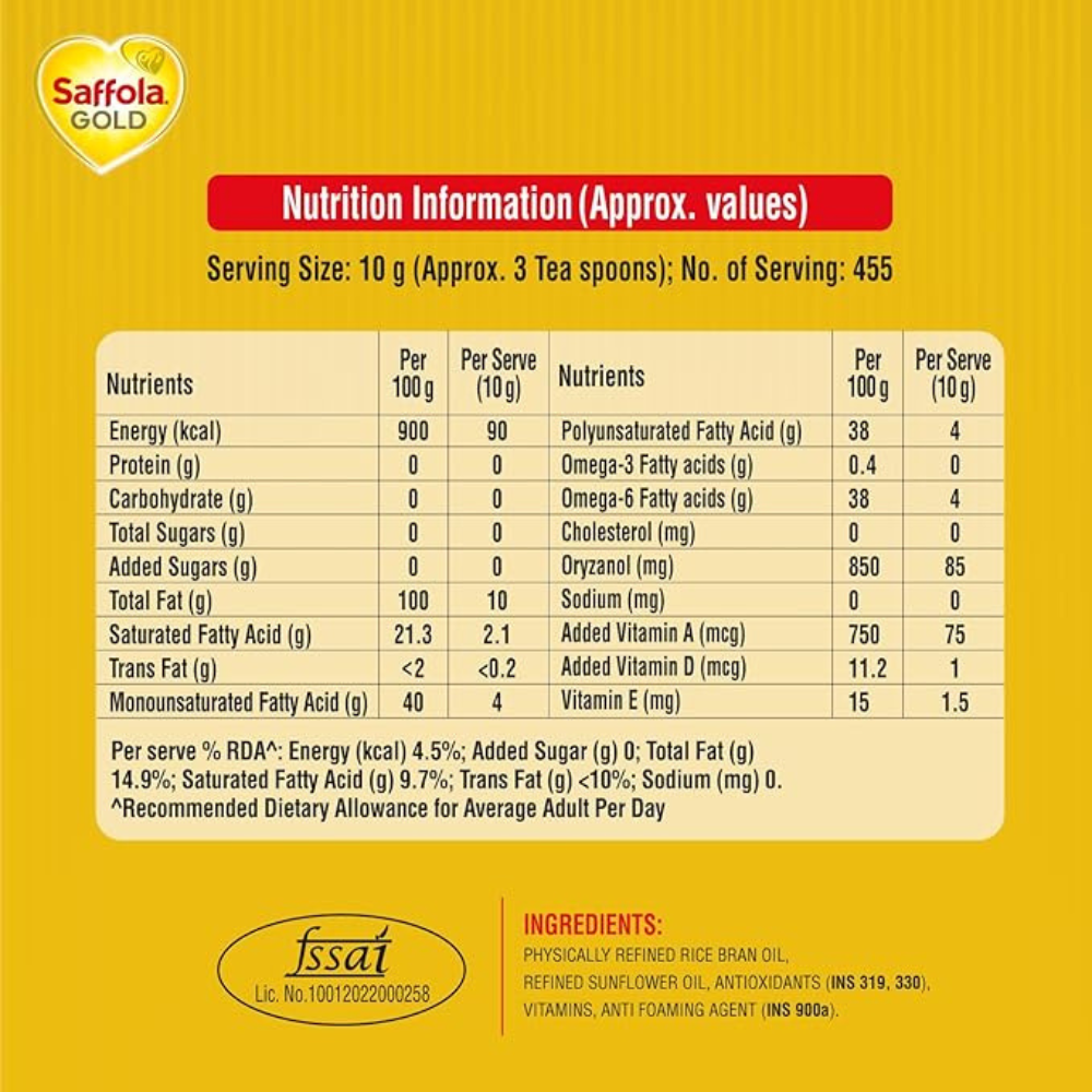 Saffola Gold Refined Cooking oil | Blended of Rice Bran & Sunflower oil | 5 Litre Jar + Free 1 Litre Pouch