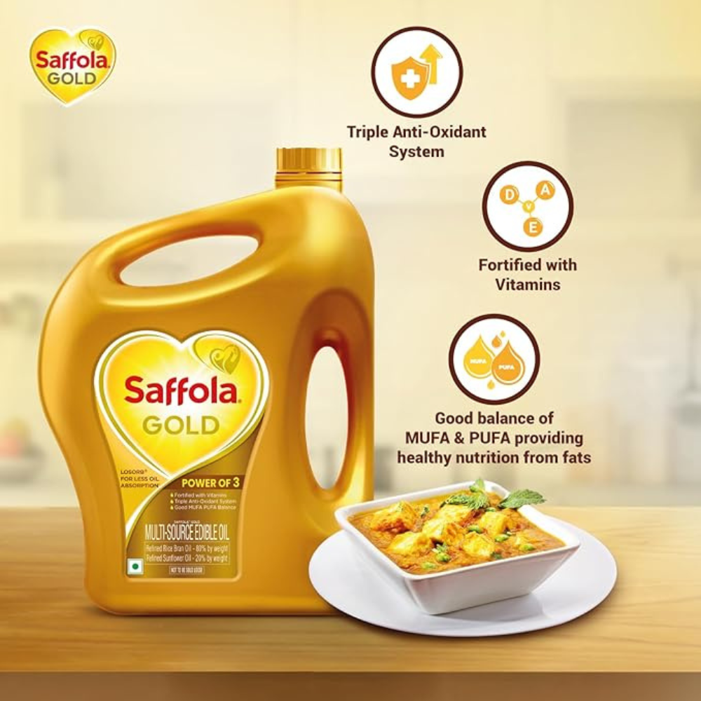 Saffola Gold Refined Cooking oil | Blended of Rice Bran & Sunflower oil | 5 Litre Jar + Free 1 Litre Pouch
